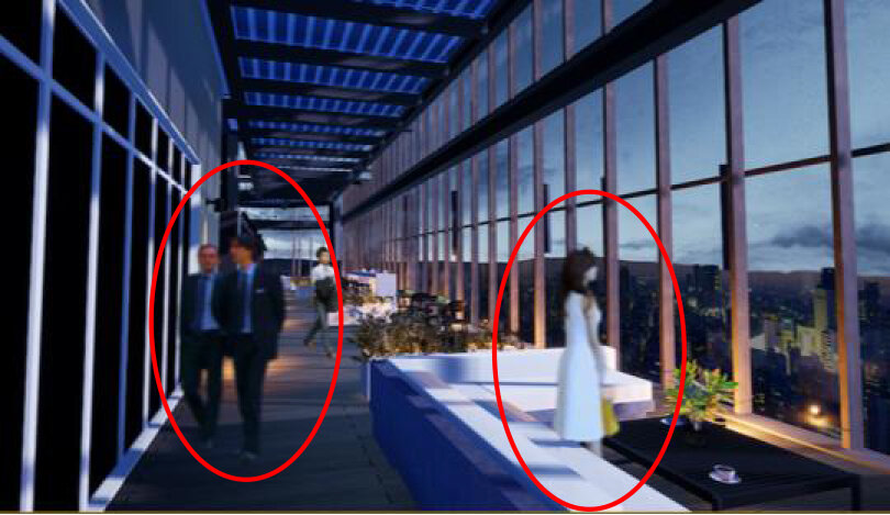 3DCGでリアルに再現されたマンション内の画像に、現実にその場にいる他者の姿が重ねて表示されている様子