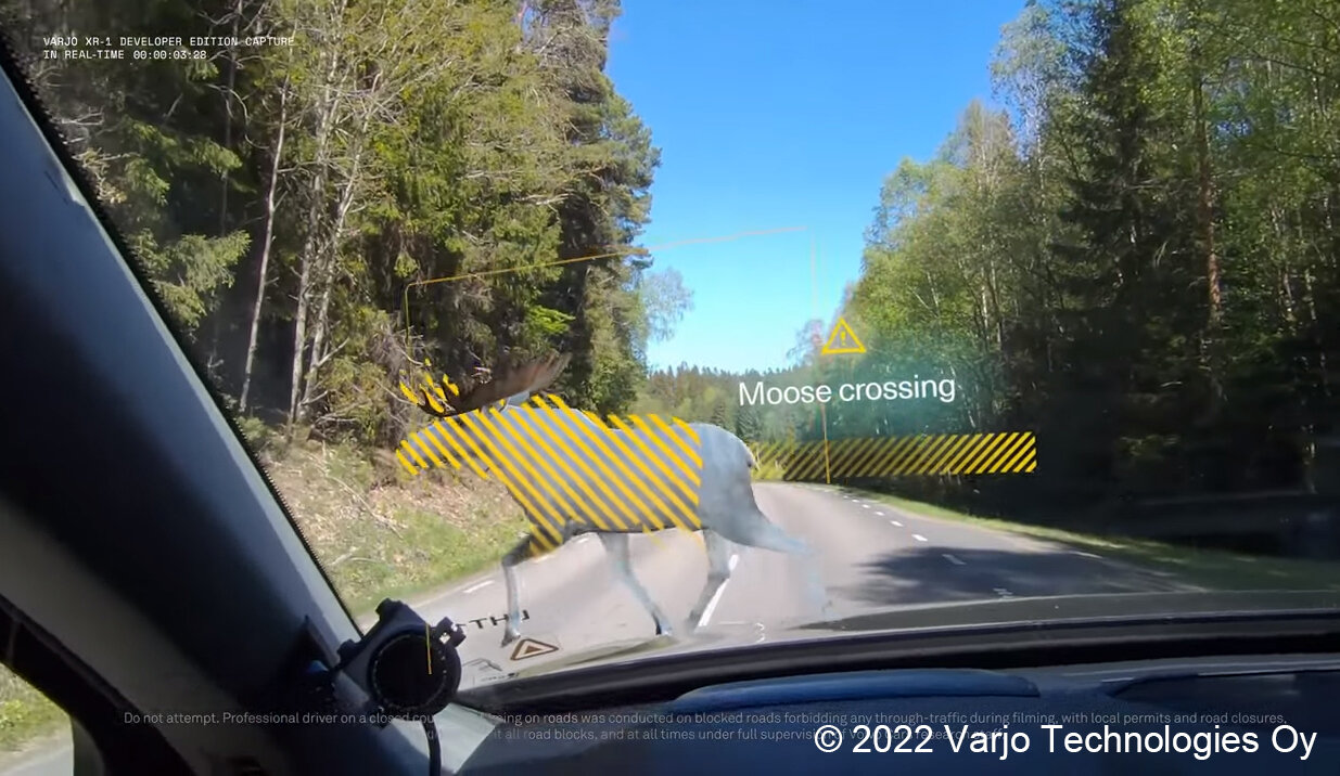 実際に運転席から見える風景の中に、道路を横切る動物の姿が3DCGで表示されている様子